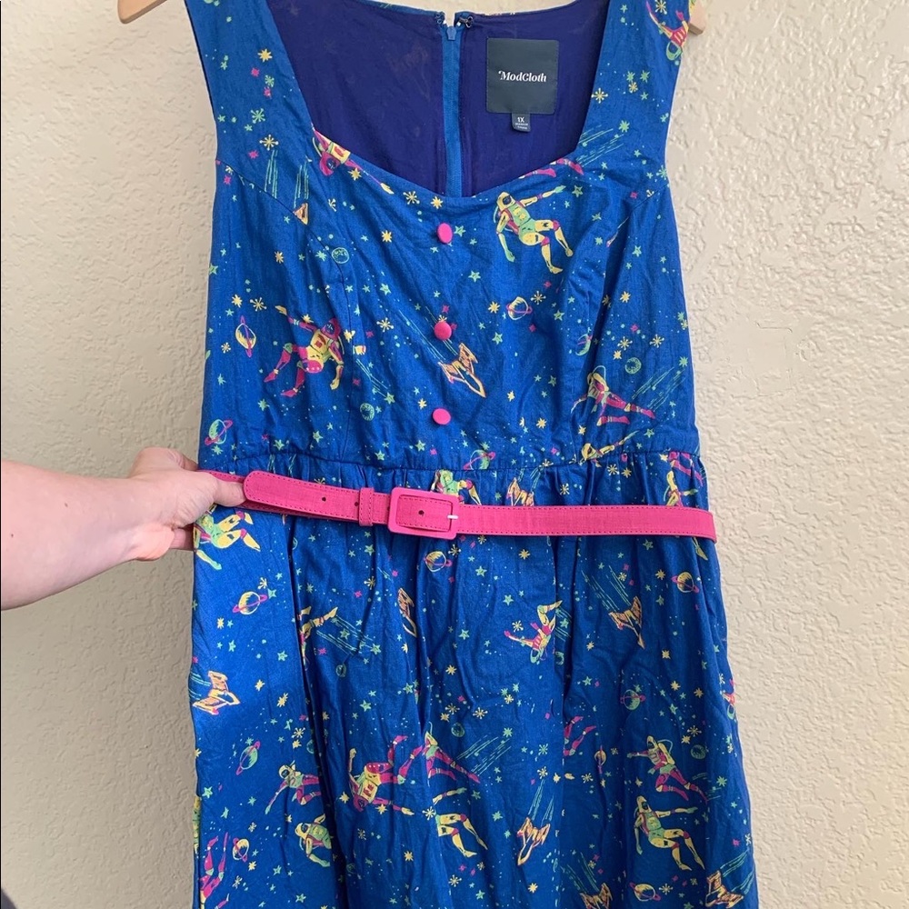 ModCloth spaceship dress with pink belt